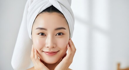 Close-up of a young Asian woman with a white towel on her head, smiling and gently touching her healthy, glowing face, symbolizing fresh skin and natural beauty.