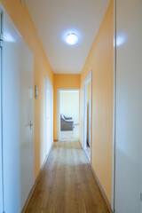 Fototapeta premium Home Corridor, Entrance Hall. Hallway. Bright Pink Walls, Hardwood Floor. LED Light on the Ceiling.