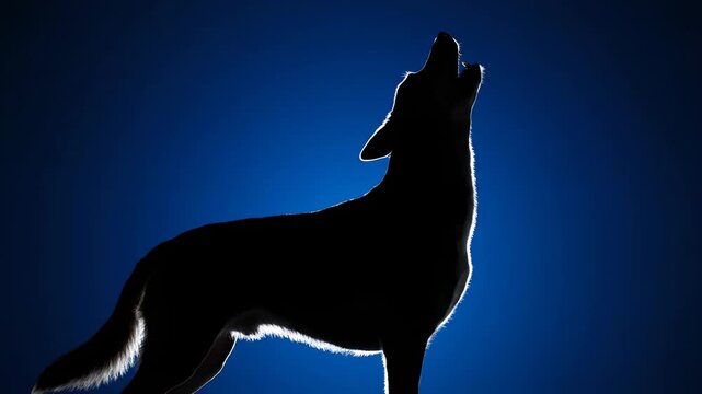 Howling Dog Silhouette - A dramatic silhouette of a dog howling at night against a deep blue background.