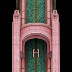 Pink art deco facade, green textured inset, vertical