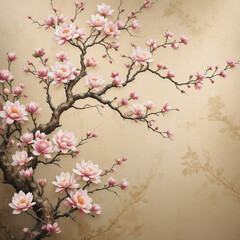 Fototapeta premium Cherry Blossom Branch on Beige Background – Vintage Botanical Floral Illustration