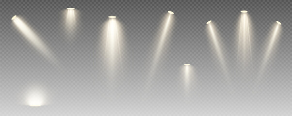 Spotlight, vector light set png, walls, studio light, different colors and shades of realistic light for design, advertising, banner, poster. Light rays and light effect	
