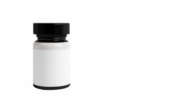 Black supplement bottle with blank label and left copy space