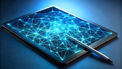 Tablet device displaying a luminous blue digital network with a stylus pen, symbolizing digital transformation and connectivity