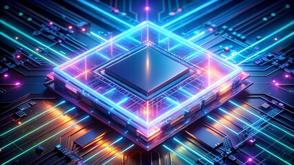Futuristic glowing computer processor chip on a circuit board with neon blue and pink light trails, representing advanced technology and data flow