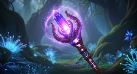 Handdoek met foto Meisjeskamer Enchanting magic staff with glowing crystal in mystical forest, summoning mystical energy  © WARDA