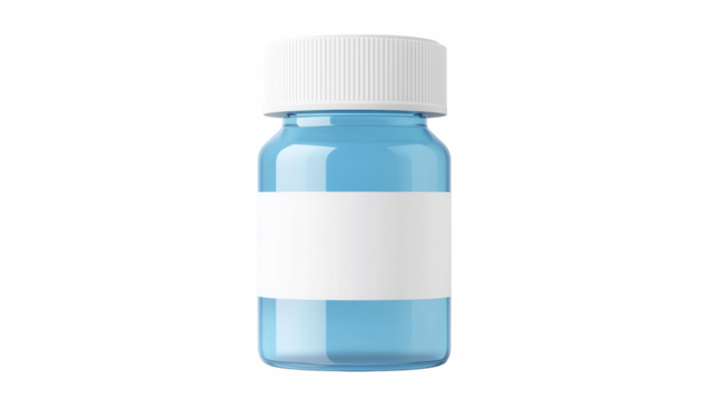 Blue glass bottle with blank label centered layout
