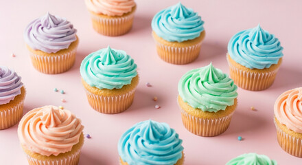 Delightful pastel frosted cupcakes arranged playfully on a soft pink background, perfect for celebrations