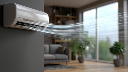 Contemporary fan emits a refreshing breeze in a well-decorated room filled with natural light and inviting seating areas, creating comfort