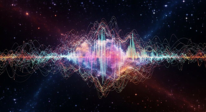 Dynamic abstract sound wave visualization against a stunning starry cosmic background