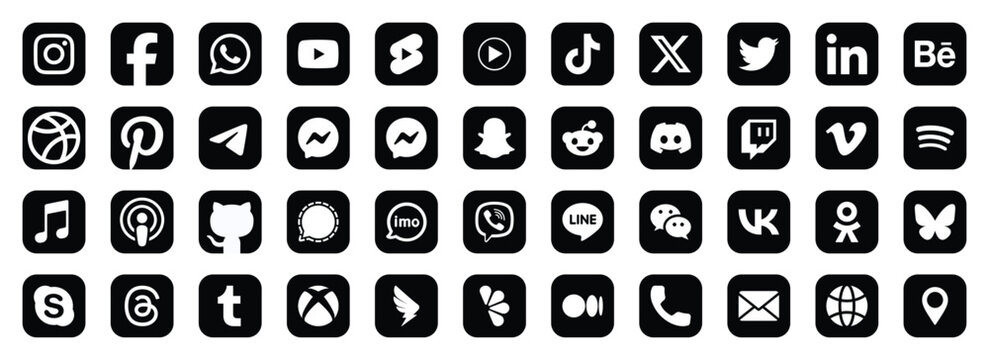 popular social media logo icon set black square vector collection for web mobile app and digital design