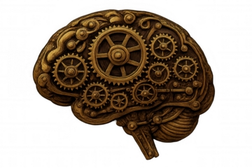 Brain with intricate gears and cogs symbolizing thought process, intelligence, and complex mind mechanisms in steampunk style