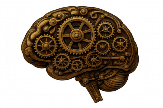 Brain with intricate gears and cogs symbolizing thought process, intelligence, and complex mind mechanisms in steampunk style