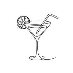 Minimalist single line drawing of a martini cocktail with lemon slice and straw