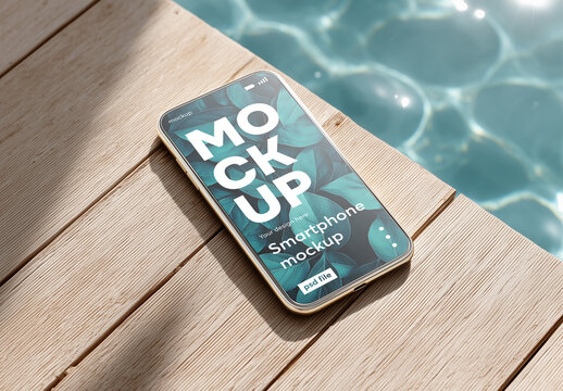 Smartphone mockup next to a swimming pool