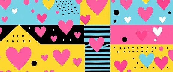 Vibrant Memphis-style seamless pattern featuring hearts, dots, stripes, and triangles in pink, blue, yellow, black, and white, pattern, blue