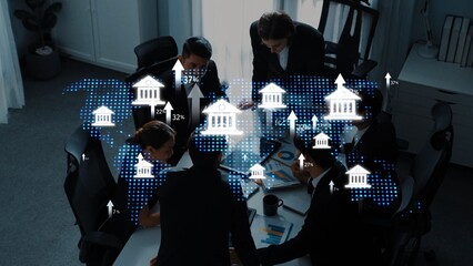 A dynamic corporate meeting showcases diverse professionals analyzing financial data on a world map. Engaging discussion and teamwork drive innovative strategies for growth. Raster