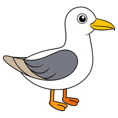 Cartoon seagull with yellow beak standing on white background
