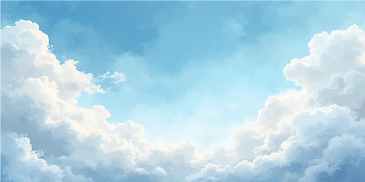 Beautiful, bright blue summer sky with fluffy white cumulus clouds