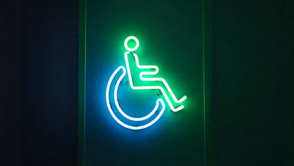Blue and green neon wheelchair symbol on a dark background