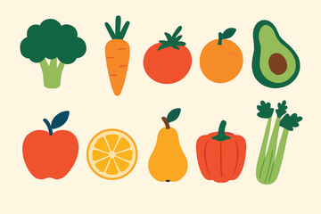 Healthy food vector set with fruits and vegetables