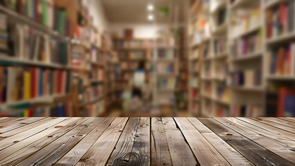 Blurred bookshelf interior with wooden planks in foreground