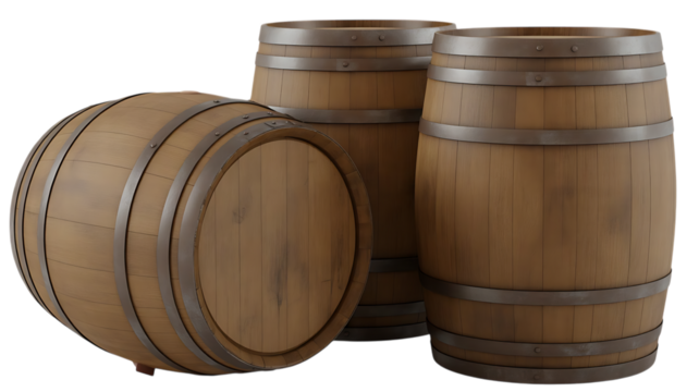 Wooden Barrels with Metal Bands, high-quality product photograph, cutout, PNG isolated on white or transparent background