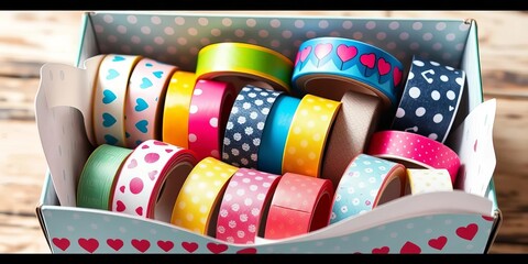 Colorful washi tape rolls in decorative box, hearts & polka dots patterns,   creative,  ribbon