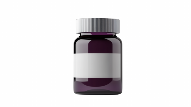 Dark purple glass bottle with blank label and right copy space