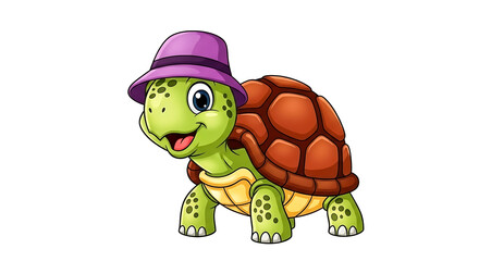 Obraz premium Cartoon turtle wearing a purple hat isolated on white background