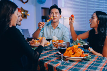 Diversity, dinner and group of people toast celebration together at party. Friends, happy and celebrate with food, wine and friendship for love, support and cheers champagne at business function