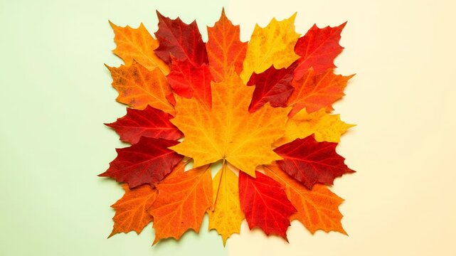 Vibrant Autumn Leaves Square - A collection of red and orange autumn leaves arranged in a perfect square shape against a soft pastel background.