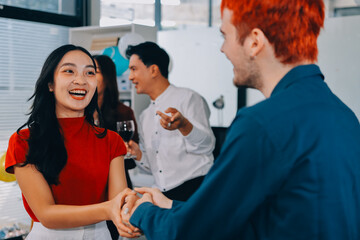 Fototapeta premium Diversity, dinner and group of people toast celebration together at party. Friends, happy and celebrate with food, wine and friendship for love, support and cheers champagne at business function