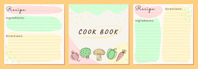Cook book template card set with vegetable icons, light beige vector recipe pages for healthy food. Three cards in yellow, pink, green colors. Square blanks with recipe name, ingredients, directions
