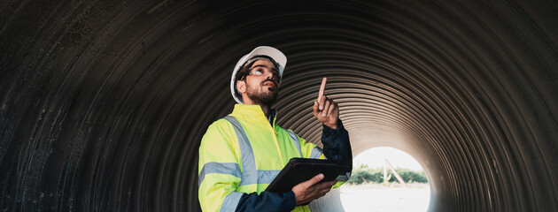 Workers inside a big steel pipe building a pipeline for oil, gas, and fuel at an industrial site.