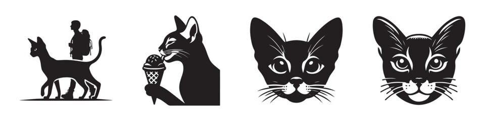 Modern Minimalist Abyssinian Cat Eating Ice Cream Icon, Flat Silhouette of a Pets Animal Vector for Sweet Dessert Illustration Design