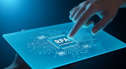 Revolutionizing workflow with RPA automation solutions on a sleek futuristic tablet, perfect for illustrating modern business transformation and efficiency gains