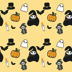 Seamless Halloween pattern with ghosts stars and bats, Creepy halloween vector seamless pattern with cute ghost, Happy halloween party seamless pattern background 