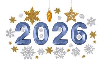 Christmas and New Year card for 2026. Blue numbers 2026, a golden snowflake, a star, a pine cone, and silver snowflakes on a white background.