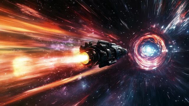 Envision thrilling adventure futuristic space travel, where an advanced spaceship boldly enters a mysterious black hole amidst a vibrant and colorful cosmos full of stars, galaxies, and cosmic wonders