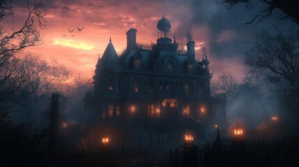 A haunted Victorian house with flickering lanterns and ghostly shadows 
