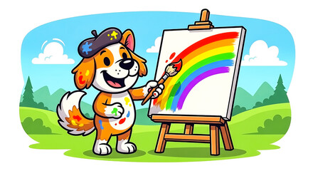 Fototapeta premium Cartoon dog painting a rainbow on an easel outdoors