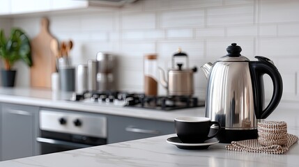Enjoying a warm cup of coffee in a stylish kitchen filled with natural light and elegant wooden furnishings during the morning