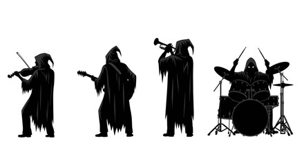 Silhouette of a grim reaper rock band playing musical instruments.
