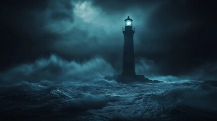 A lonely lighthouse standing tall in the middle of a stormy sea at night, dramatic lighting