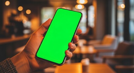 Hand holding a smartphone with a green screen in a cafe.
