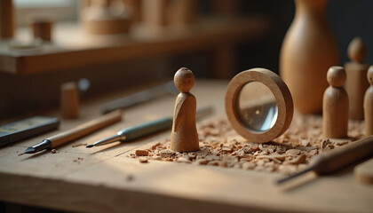 Traditional crafts displayed with carved wooden figures and hand tools on rustic workbench. Traditional crafts are carefully arranged, highlighting intricate details and artisanal skill.
