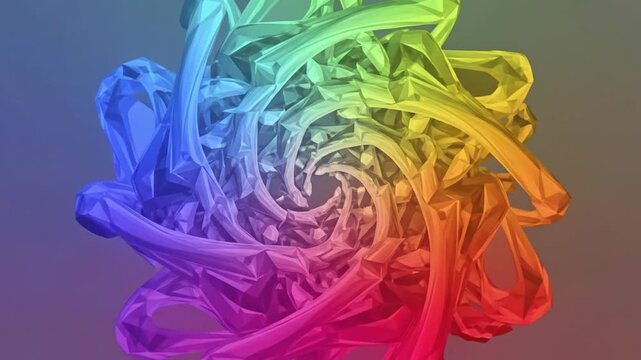 An abstract rainbowcolored geometric spiral comprised of interconnected angular shapes on a gradient backdrop