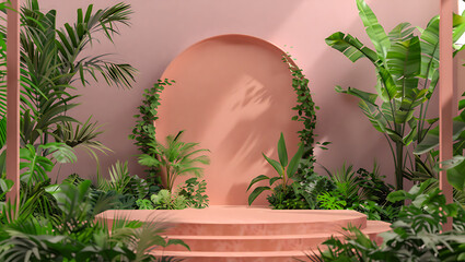 Tropical plants and a circular archway on a pink background