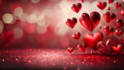 Red hearts floating against a bokeh background, valentines day theme